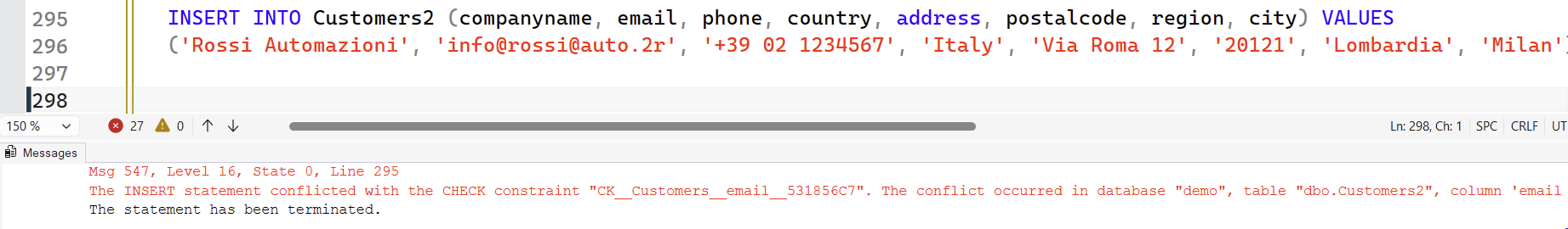 Errore ritornato dal CHECK sul campo email
